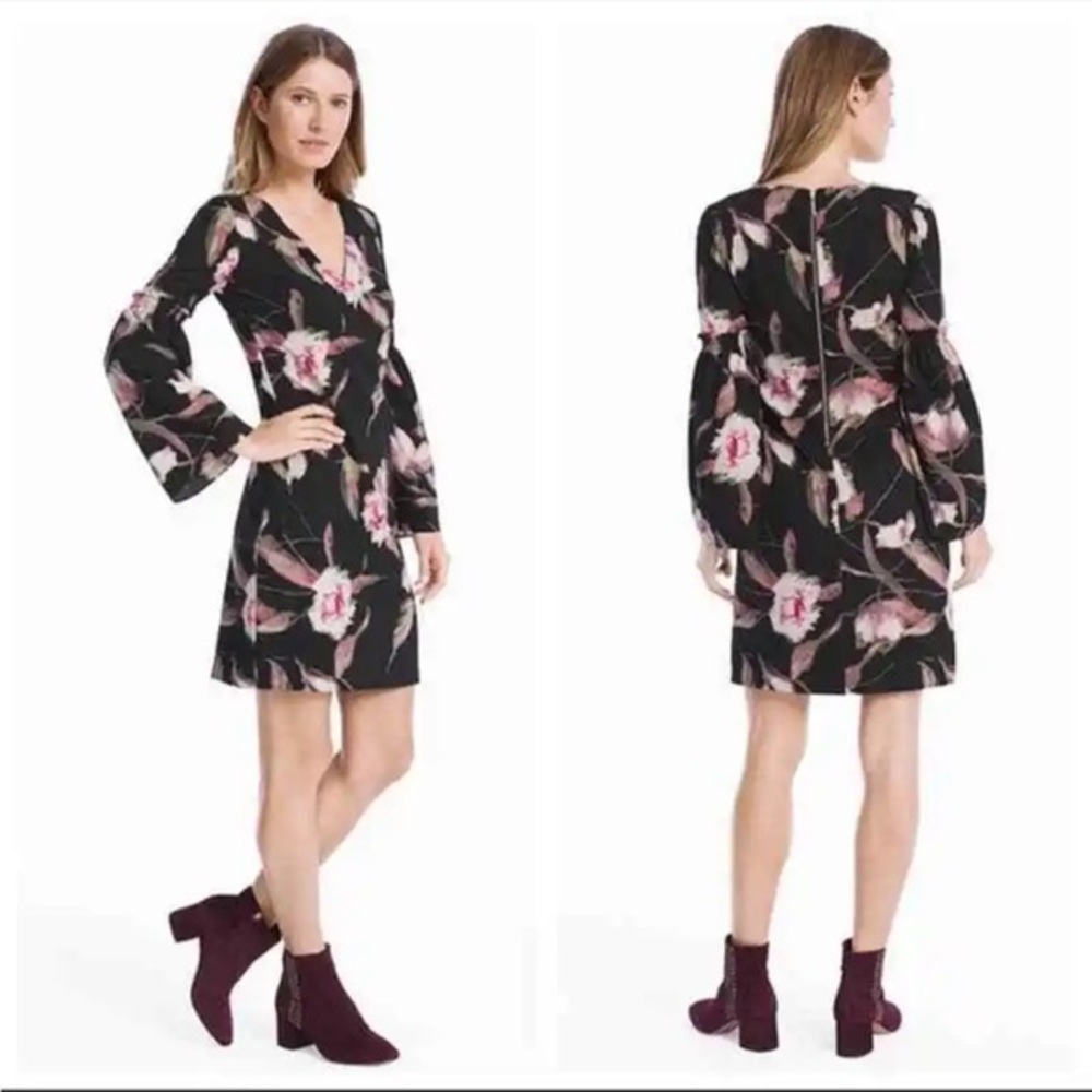 White House Black Market Long Bell Sleeve Floral Print Black Shift Dress Size 6